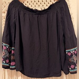 Wrangler Women’s Black Blouse – Colorful Embroidery Western Shirt, Boho Cowgirl